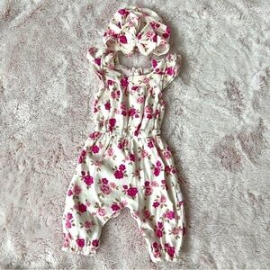 Duck Duck Goose Baby Girl 0-3 months Floral Pink White Romper Outfit with Hat